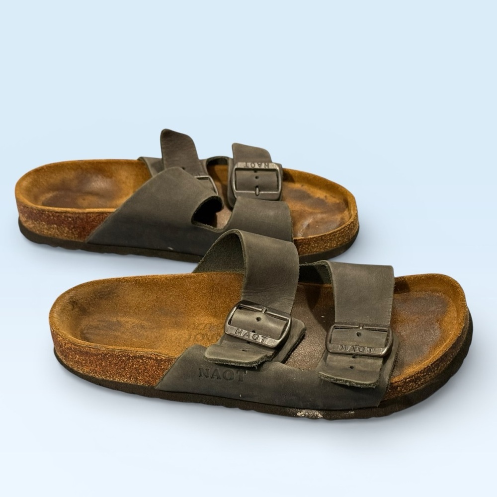 Naot Leather Slide Sandals Adjustable Buckles Cork Footbed EU 38